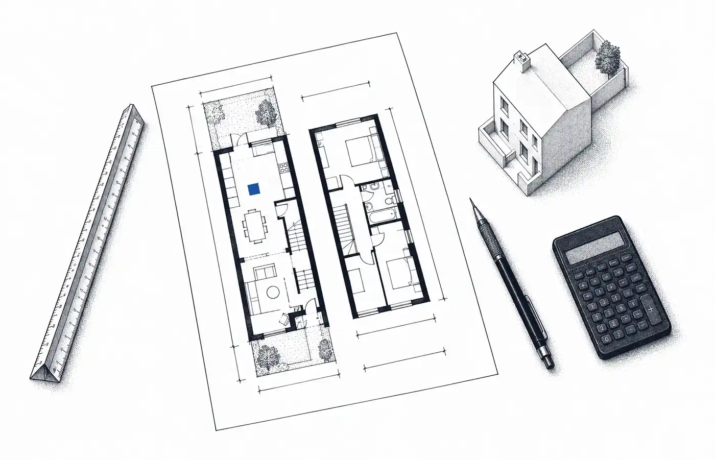 Ink drawing of a drafting desk with a floor plan, scale rule, pencil, calculator and a card model house