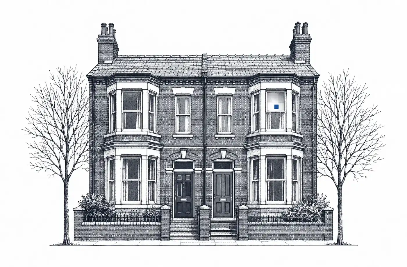 Ink drawing of a pair of Victorian red brick terraced houses with bay windows