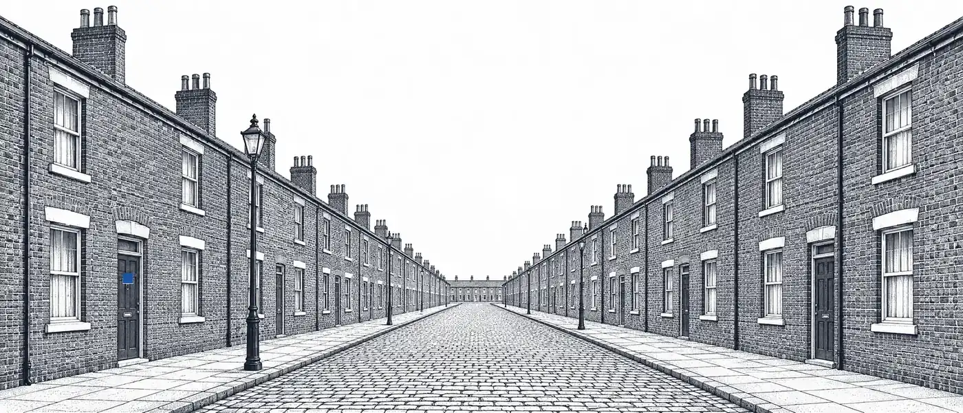 Ink drawing of a long Manchester street of terraced houses in perspective